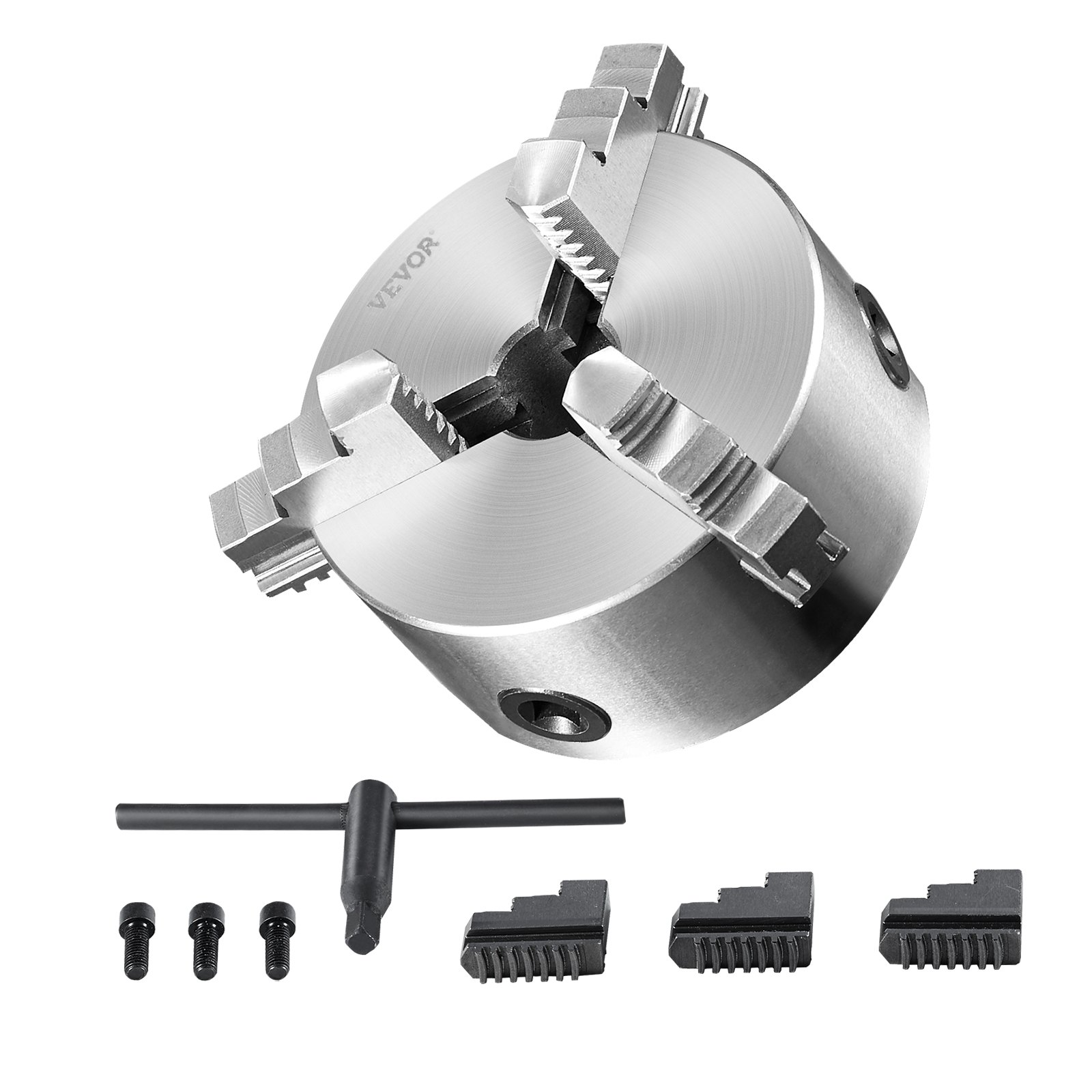 VEVOR 3-jaw lathe chuck with included wrench, screws, and extra jaws on white background.