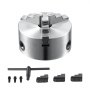 VEVOR 3-jaw lathe chuck with wrench, screws, and additional jaws on white background.