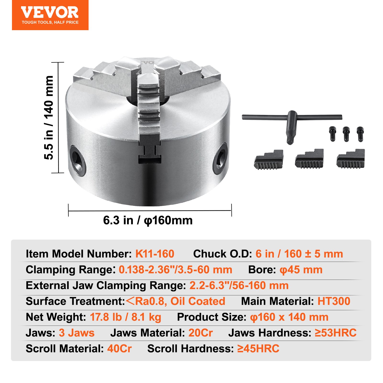 VEVOR 3-jaw lathe chuck, 6.3 in diameter, with specifications and additional jaw attachments.