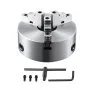 VEVOR 3-jaw lathe chuck with mounting screws, t-handle wrench, and l-shaped key.