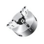 VEVOR 3-jaw lathe chuck in polished metal finish, angled view showing three gripping jaws