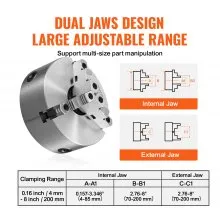 VEVOR 3-Jaw Lathe Chuck, 8'', Self-Centering Lathe Chuck, 0.16-8 in/4-200 mm Clamping Range with T-key Fixing Screws Hexagon Wrench, for Lathe 3D Printer Machining Center Milling Drilling Machine