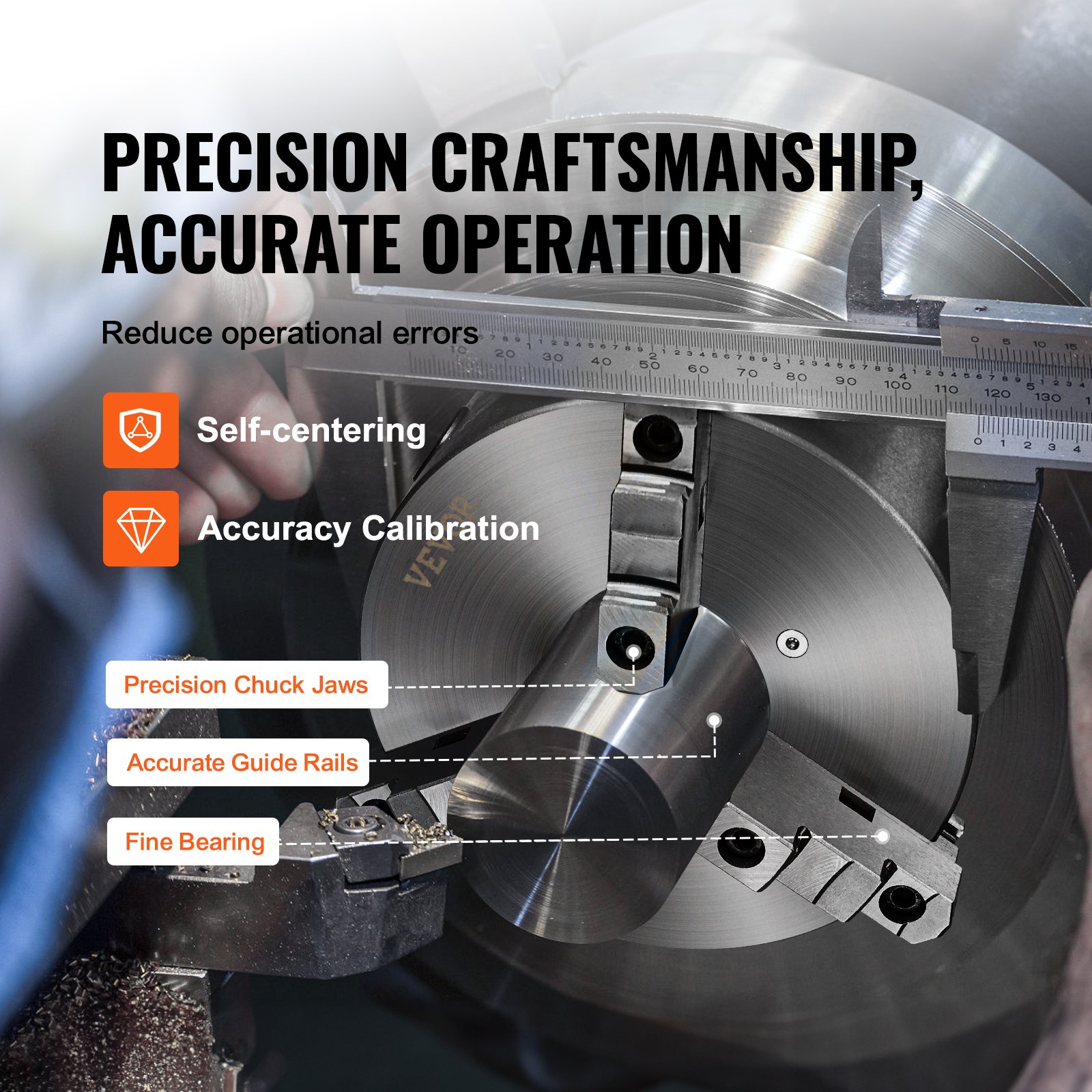 VEVOR 3-jaw lathe chuck featuring precision chuck jaws, accurate guide rails, and fine bearing.