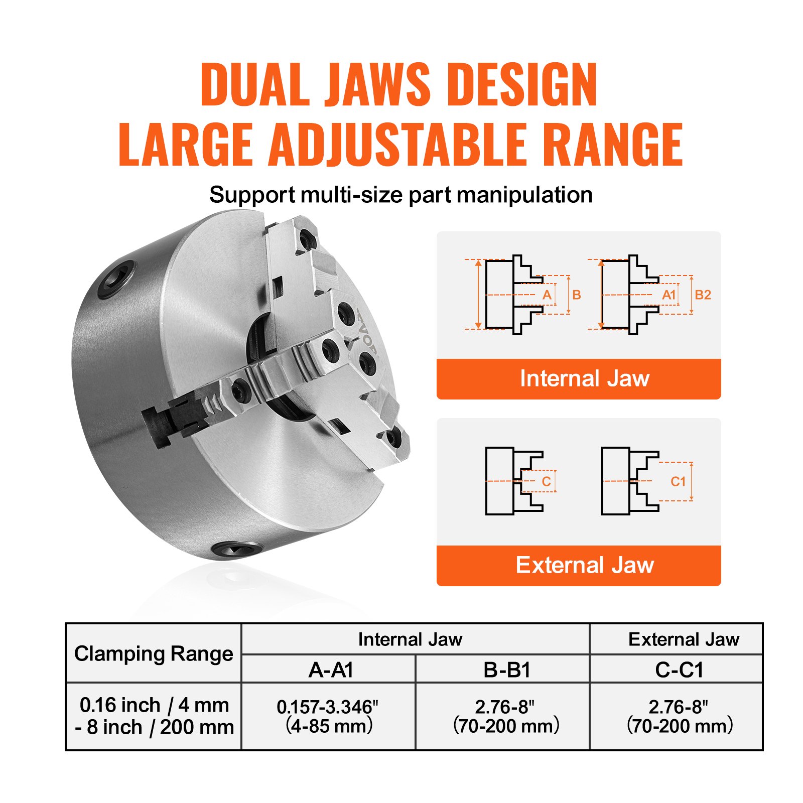 VEVOR 3-jaw lathe chuck with dual jaws for large adjustable range and multi-size part manipulation.
