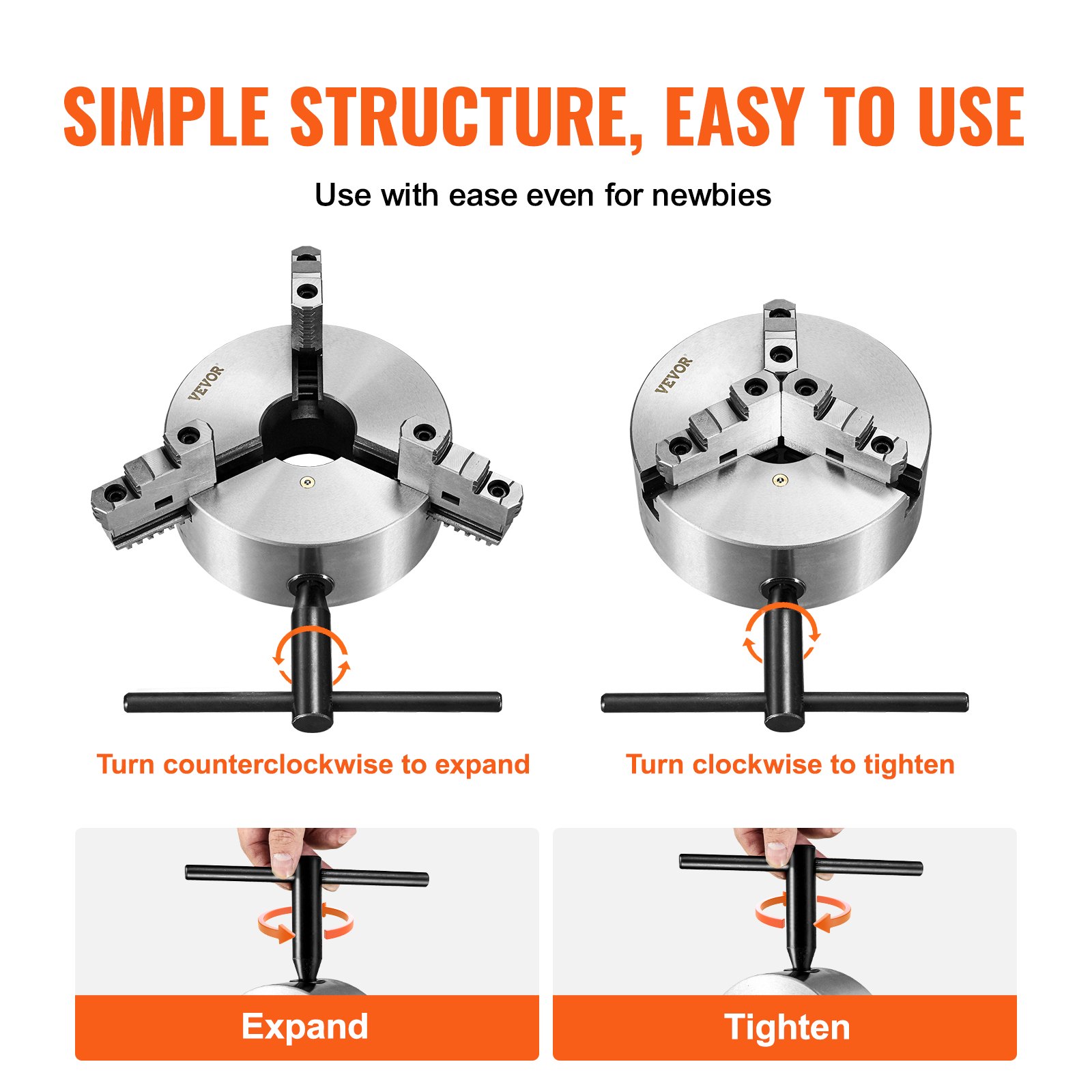 VEVOR 3-jaw lathe chuck: simple structure, easy to use, turn handle to expand or tighten.