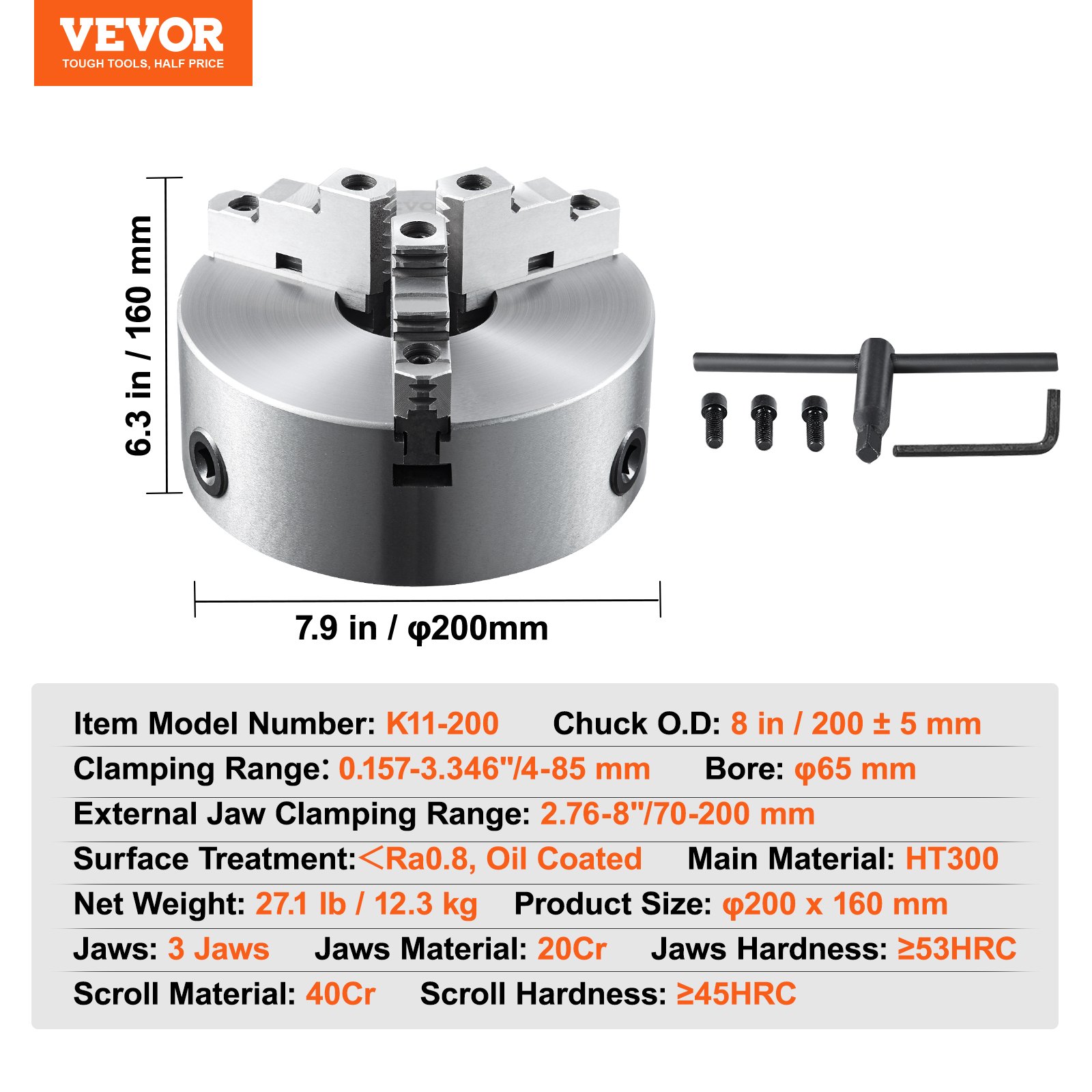 VEVOR 3-jaw lathe chuck k11-200, 8-inch od, 3.346-inch clamping, includes hex key and screws.