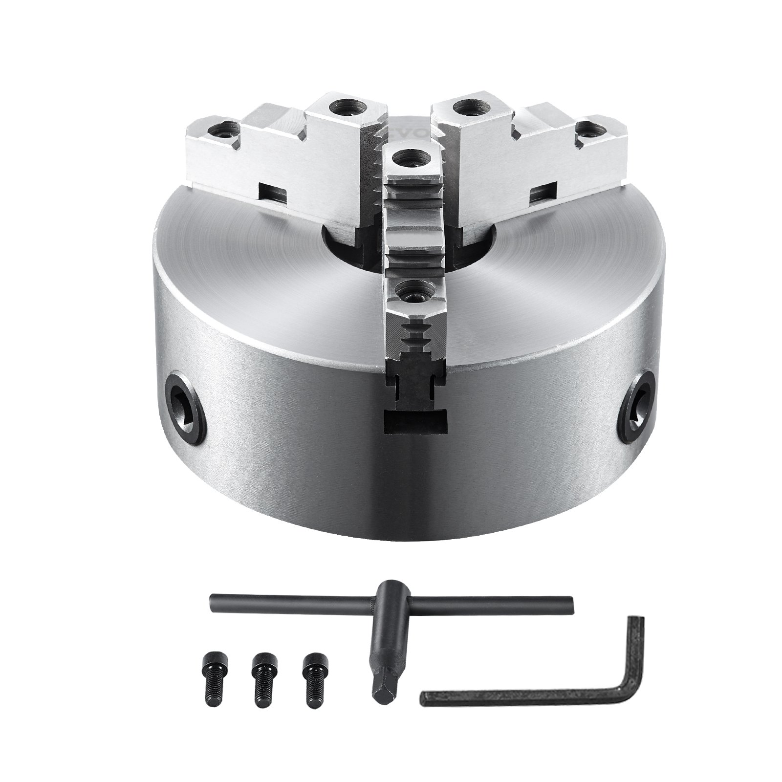 VEVOR 3-jaw lathe chuck with mounting screws, t-handle wrench, and l-shaped key.