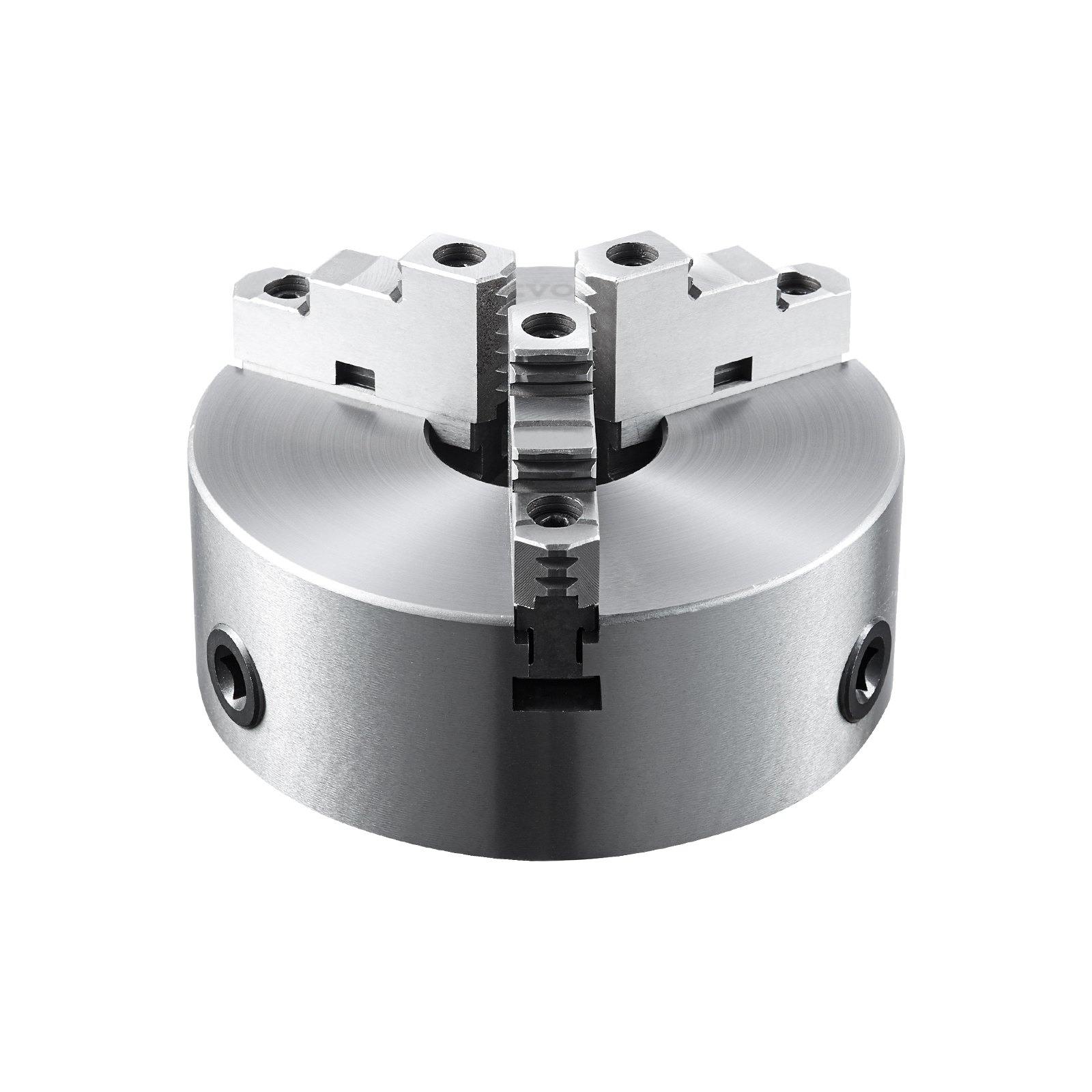 VEVOR 3-jaw lathe chuck in metal, showing precision engineering and robust design.
