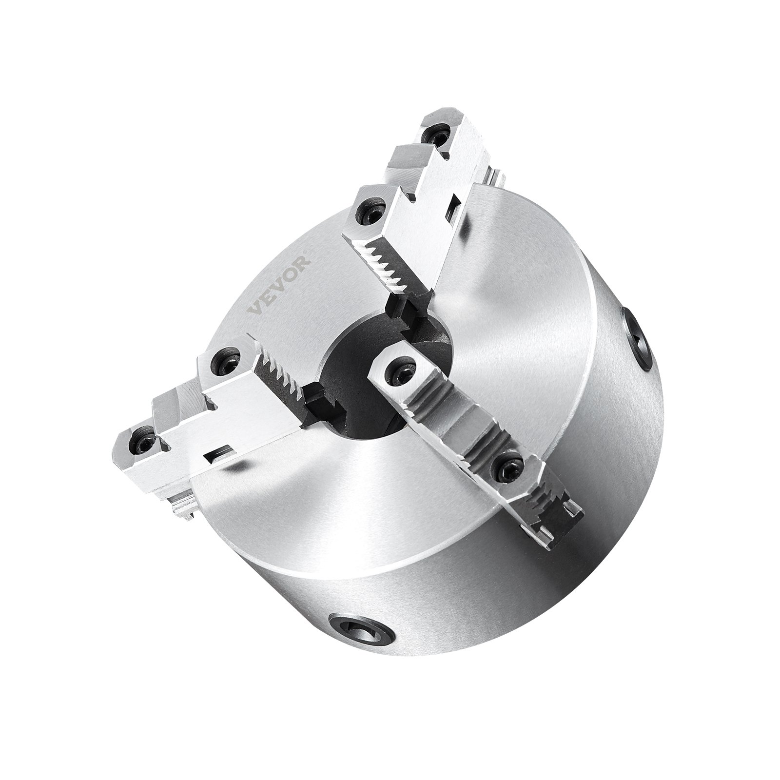 VEVOR 3-jaw lathe chuck in polished metal finish, angled view showing three gripping jaws