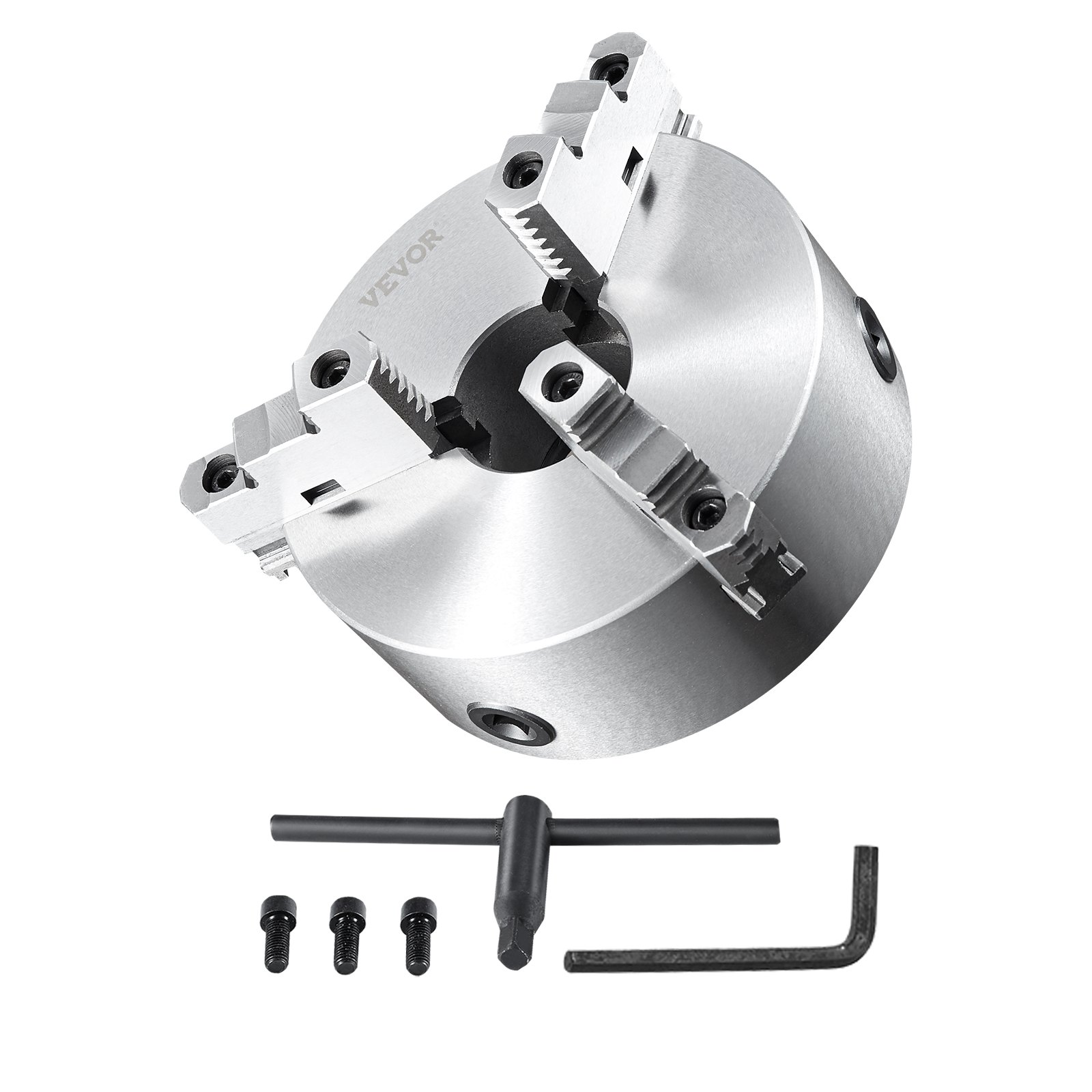 VEVOR 3-jaw lathe chuck with keys and screws on white background.