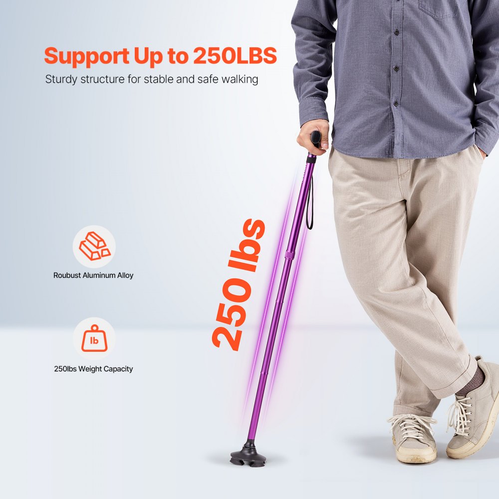 VEVOR Walking Cane for Man Woman, Folding Walking Stick with 8-Level Adjustable Height, 4-Pronged Pivoting Base, Lightweight & Portable Aluminum Mobility Aid for Senior Adults, 250LBS Loading (Purple)