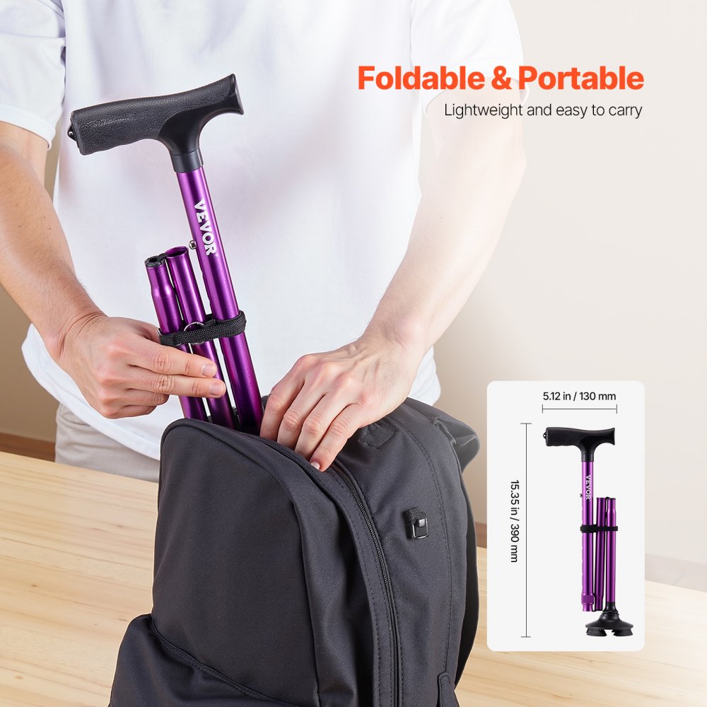 VEVOR Walking Cane for Man Woman, Folding Walking Stick with 8-Level Adjustable Height, 4-Pronged Pivoting Base, Lightweight & Portable Aluminum Mobility Aid for Senior Adults, 250LBS Loading (Purple)