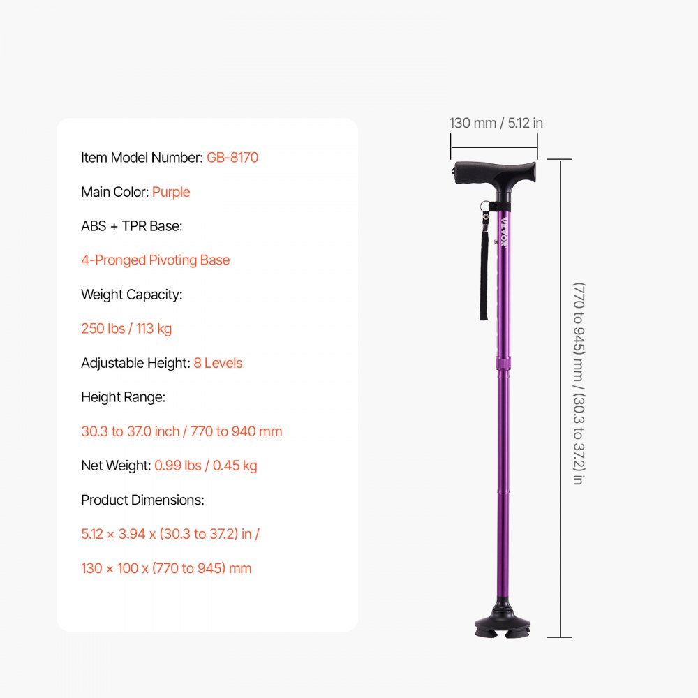 VEVOR Walking Cane for Man Woman, Folding Walking Stick with 8-Level Adjustable Height, 4-Pronged Pivoting Base, Lightweight & Portable Aluminum Mobility Aid for Senior Adults, 250LBS Loading (Purple)