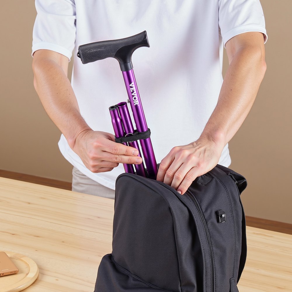 VEVOR Walking Cane for Man Woman, Folding Walking Stick with 8-Level Adjustable Height, 4-Pronged Pivoting Base, Lightweight & Portable Aluminum Mobility Aid for Senior Adults, 250LBS Loading (Purple)