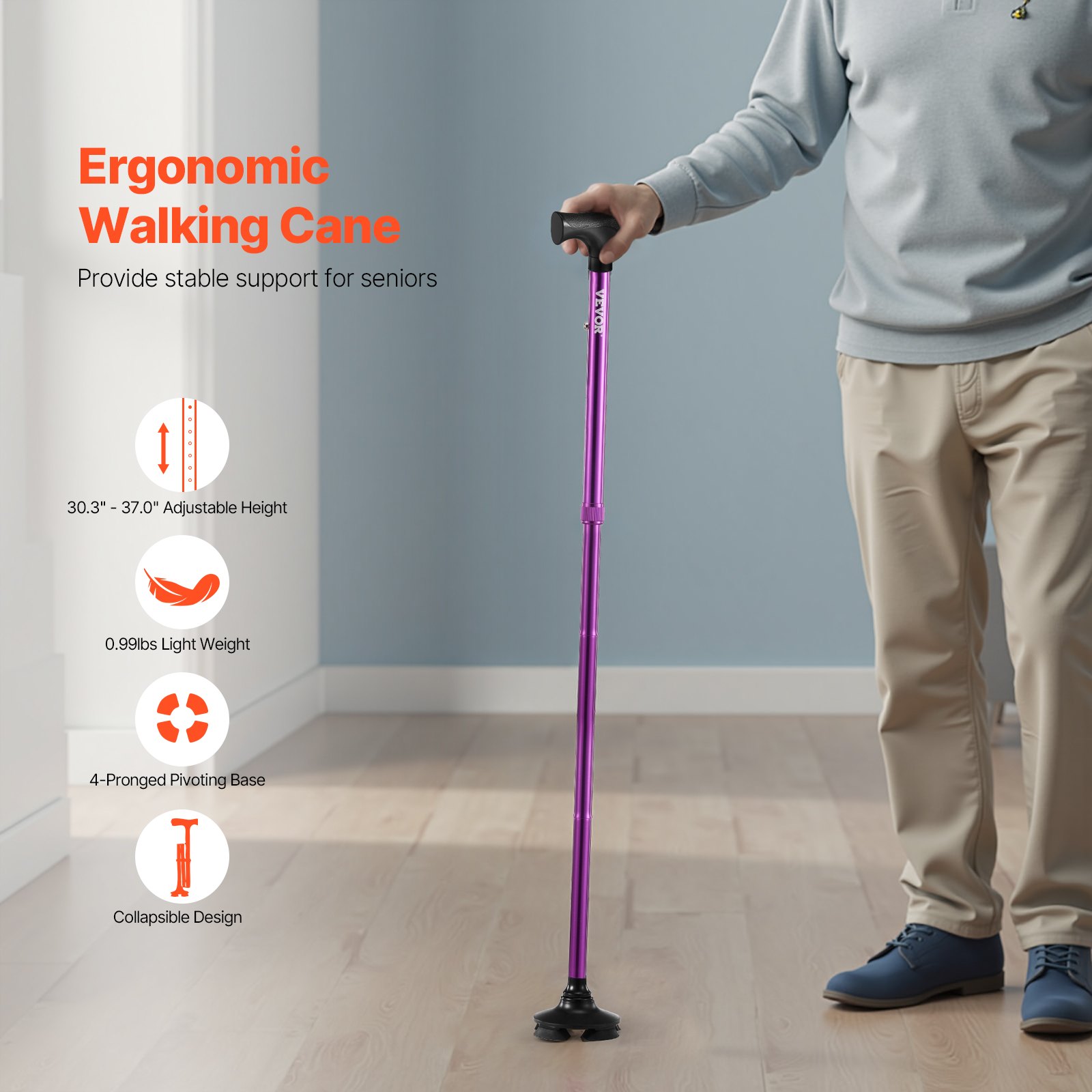 VEVOR Walking Cane for Man Woman, Folding Walking Stick with 8-Level Adjustable Height, 4-Pronged Pivoting Base, Lightweight & Portable Aluminum Mobility Aid for Senior Adults, 250LBS Loading (Purple)