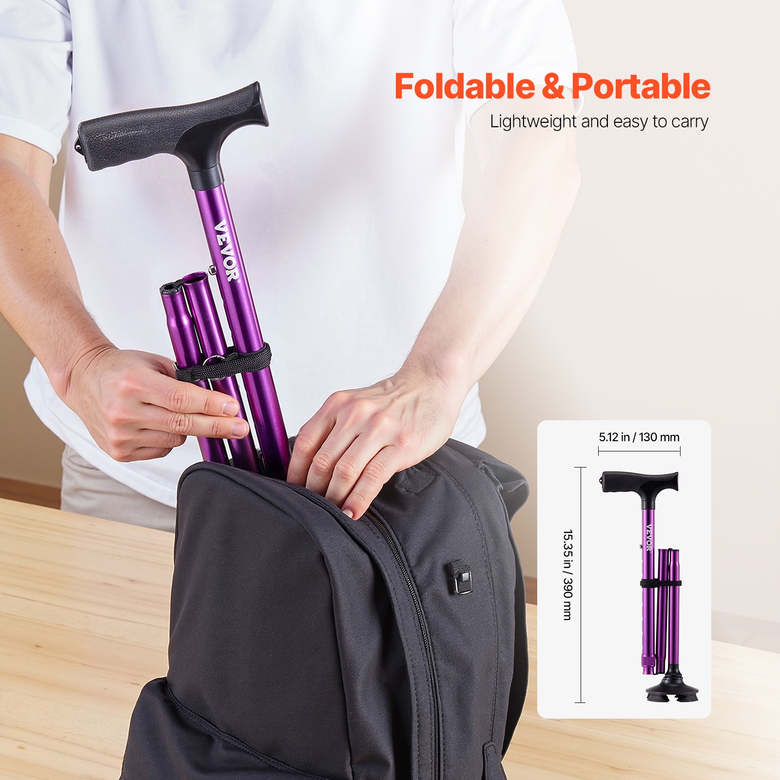 VEVOR Walking Cane for Man Woman, Folding Walking Stick with 8-Level Adjustable Height, 4-Pronged Pivoting Base, Lightweight & Portable Aluminum Mobility Aid for Senior Adults, 250LBS Loading (Purple)