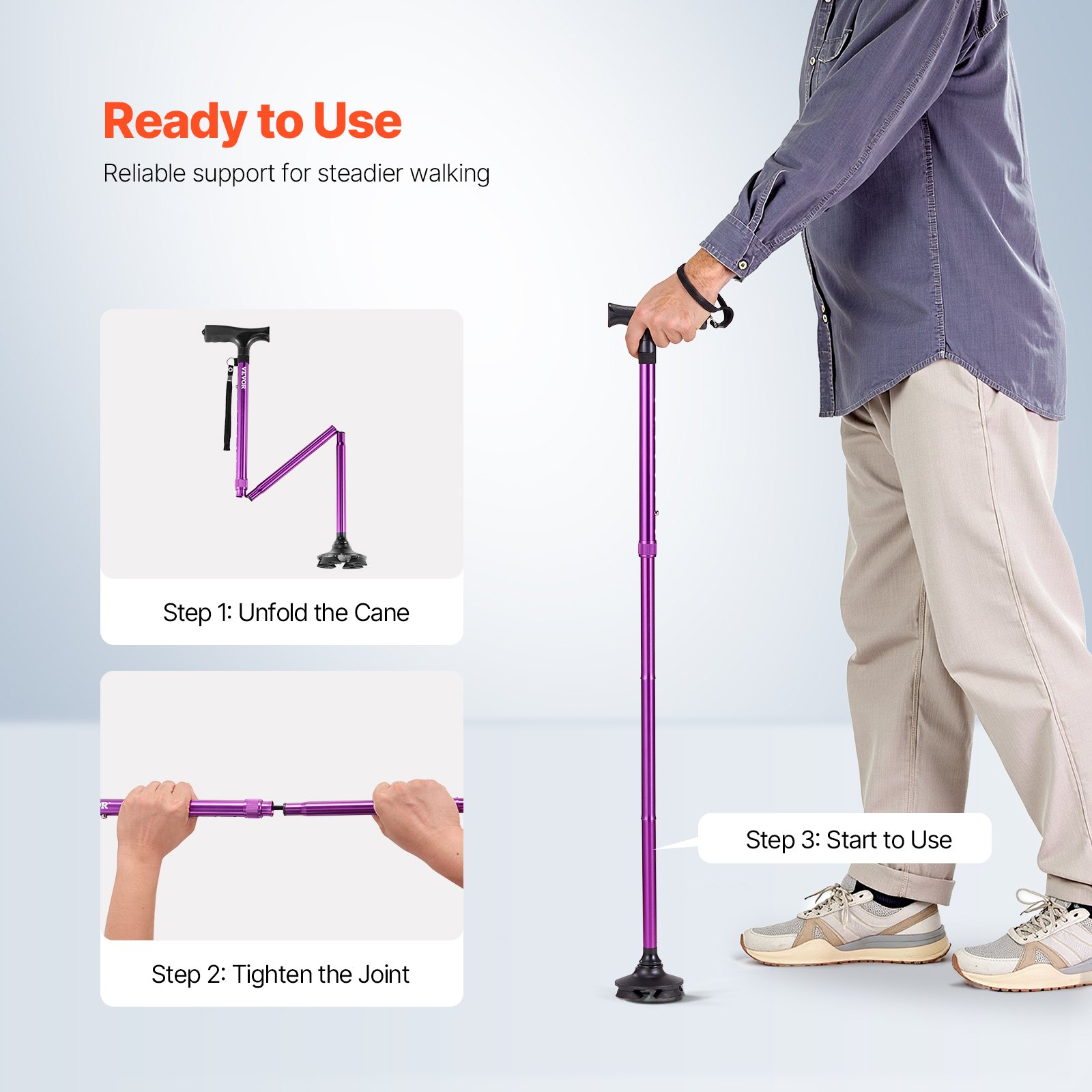 VEVOR Walking Cane for Man Woman, Folding Walking Stick with 8-Level Adjustable Height, 4-Pronged Pivoting Base, Lightweight & Portable Aluminum Mobility Aid for Senior Adults, 250LBS Loading (Purple)