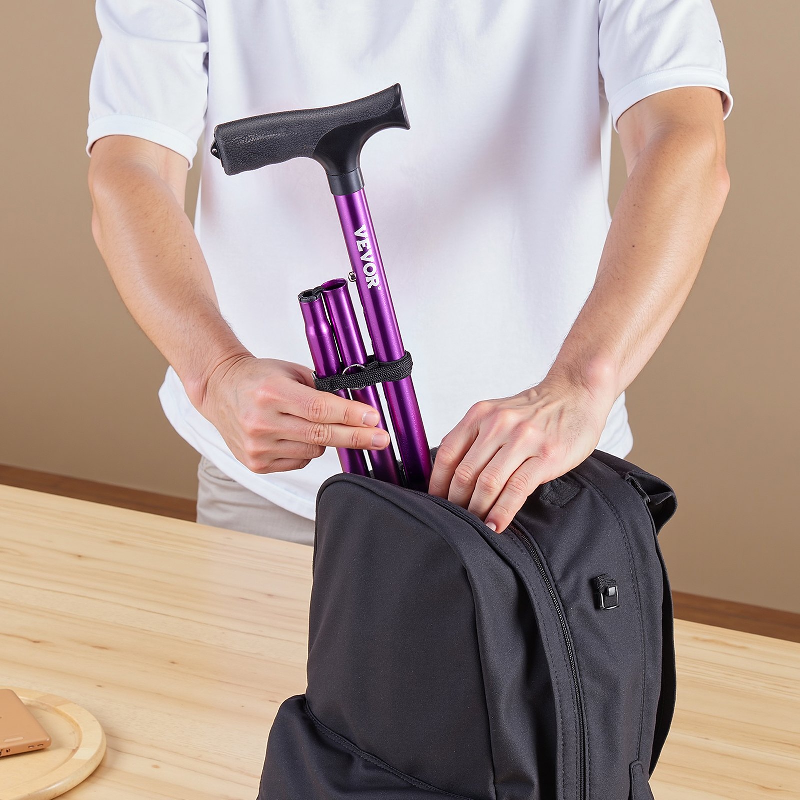 VEVOR Walking Cane for Man Woman, Folding Walking Stick with 8-Level Adjustable Height, 4-Pronged Pivoting Base, Lightweight & Portable Aluminum Mobility Aid for Senior Adults, 250LBS Loading (Purple)