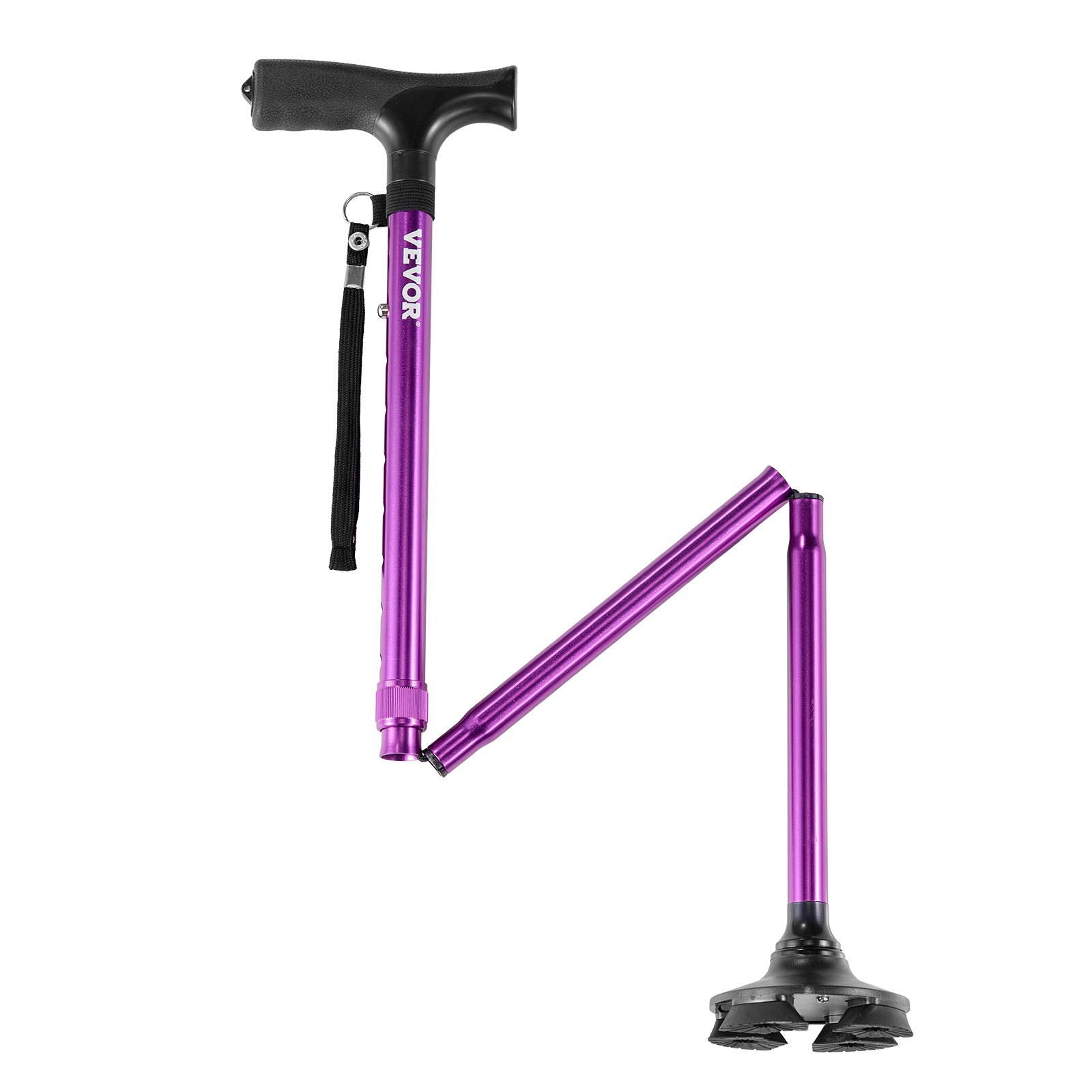 VEVOR Walking Cane for Man Woman, Folding Walking Stick with 8-Level Adjustable Height, 4-Pronged Pivoting Base, Lightweight & Portable Aluminum Mobility Aid for Senior Adults, 250LBS Loading (Purple)