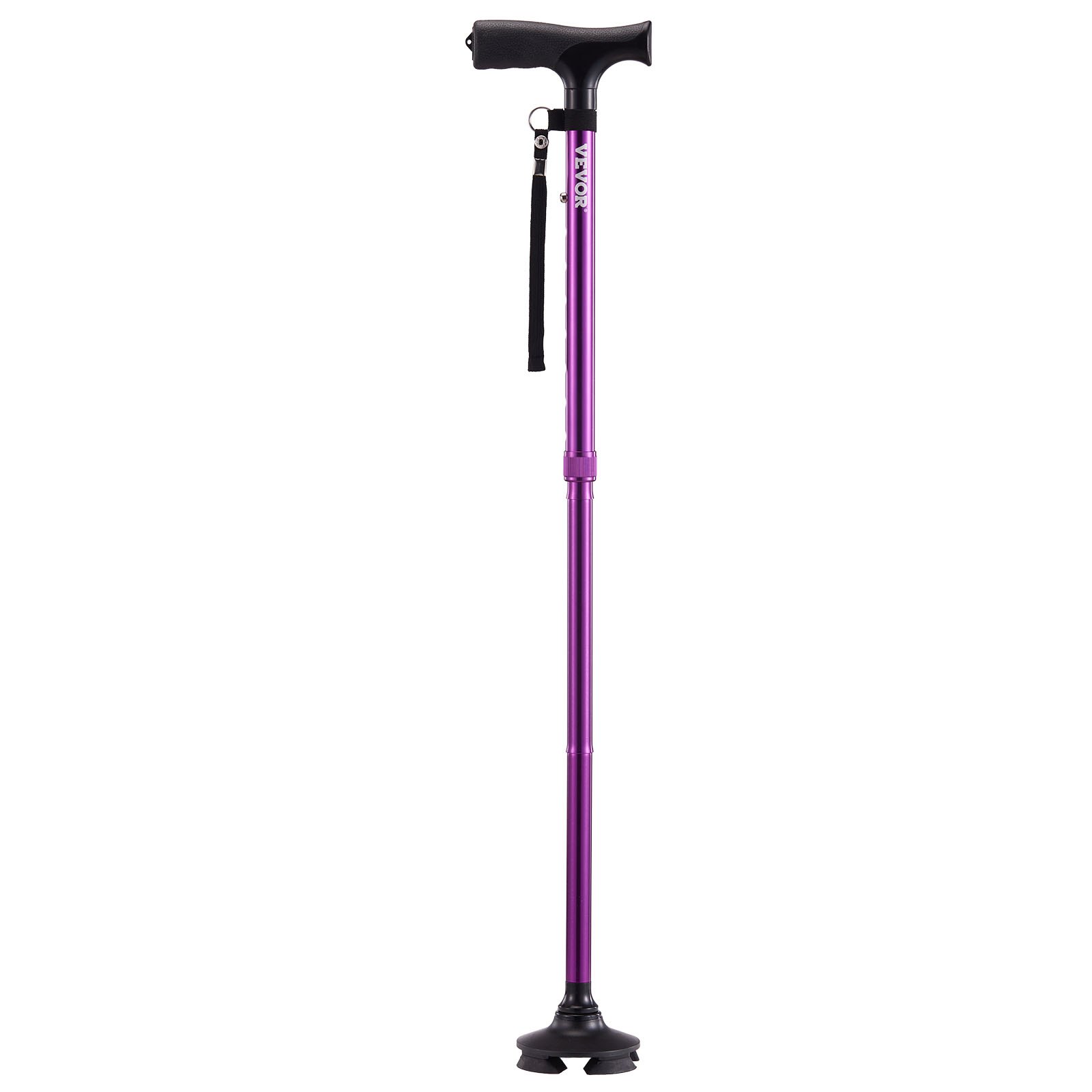 VEVOR Walking Cane for Man Woman, Folding Walking Stick with 8-Level Adjustable Height, 4-Pronged Pivoting Base, Lightweight & Portable Aluminum Mobility Aid for Senior Adults, 250LBS Loading (Purple)