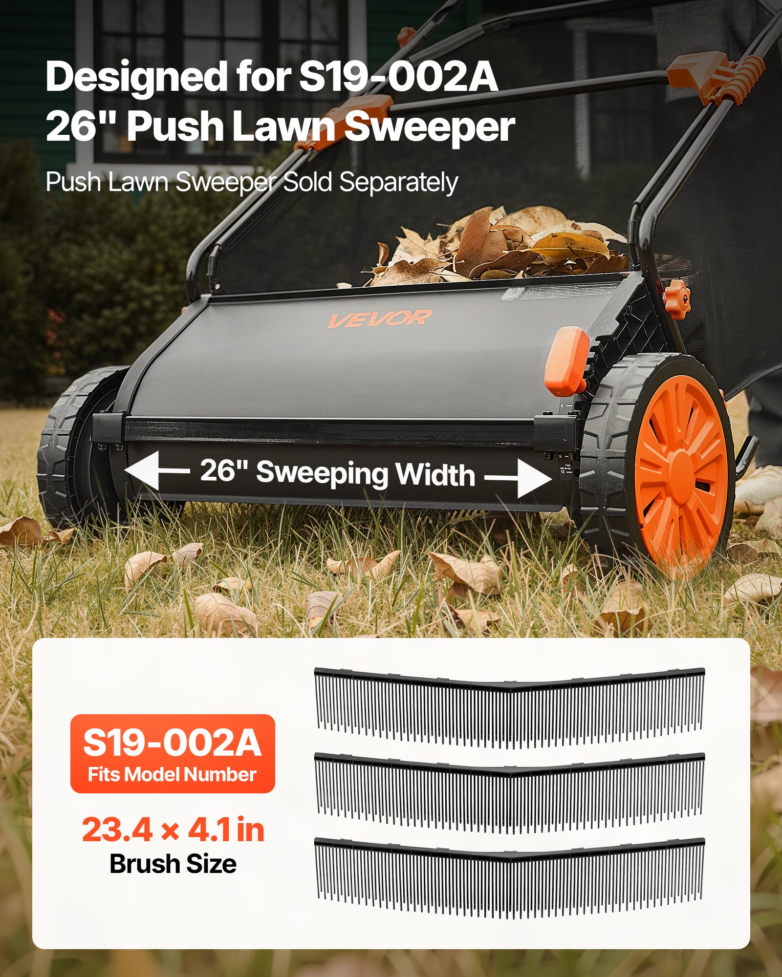 VEVOR 3 Packs Lawn Sweeper Brush Replacement, Compatible with VEVOR 66 cm Lawn & Leaf Collector Sweepers, Yard Sweeper Brush Paddle with Durable V-Shaped Bristles for Easy Grass Leaf Cleanup