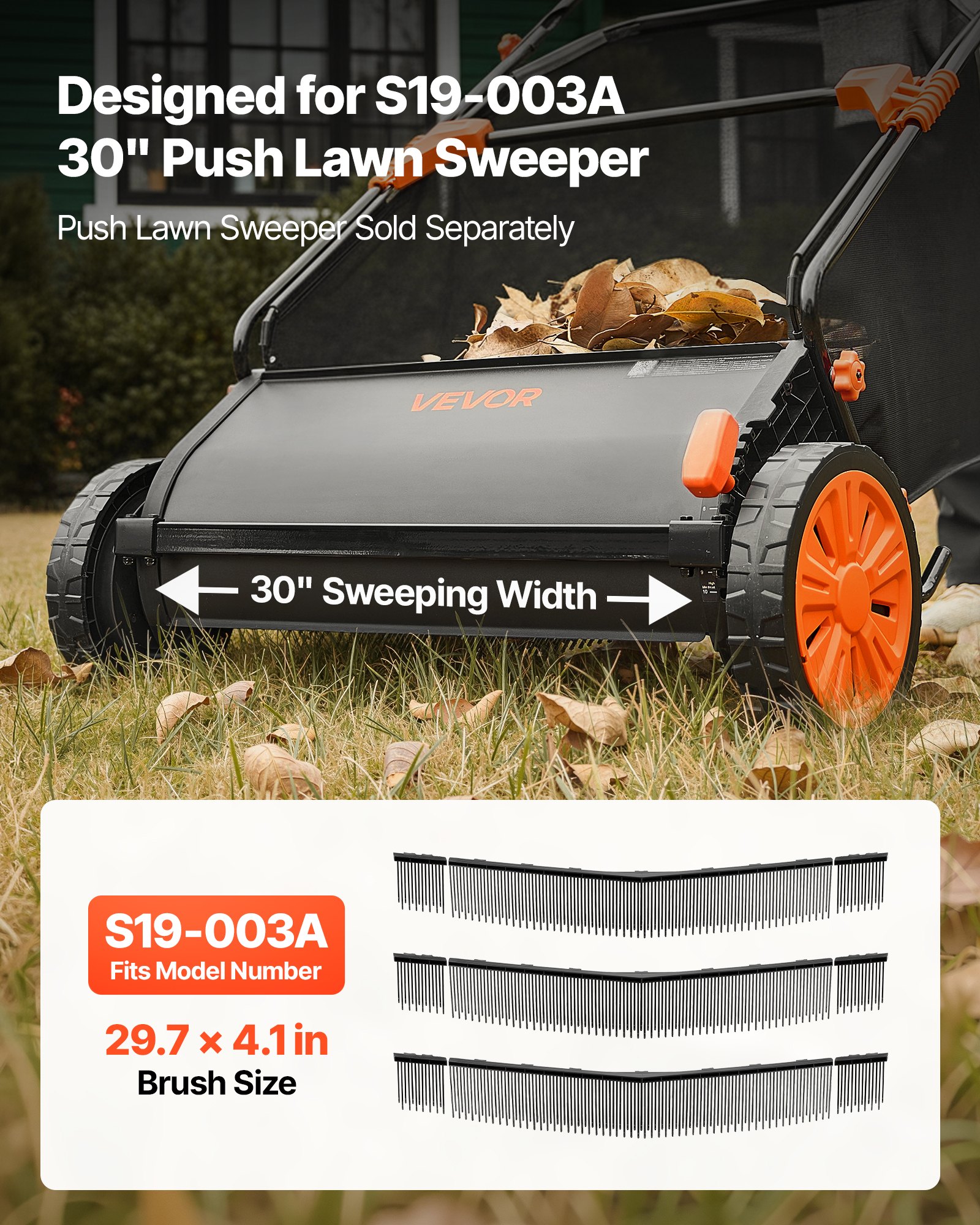 VEVOR 3 Packs Lawn Sweeper Brush Replacement, Compatible with VEVOR 76.2 cm Lawn & Leaf Collector Sweepers, Yard Sweeper Brush Paddle with Durable V-Shaped Bristles for Easy Grass Leaf Cleanup