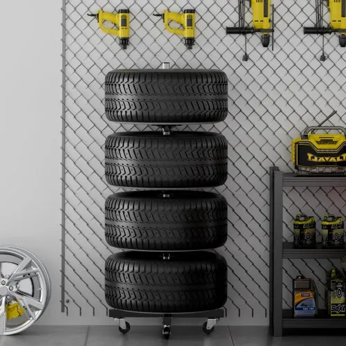 Tire Rack with Wheels, Heavy-Duty Steel Tire Tree Stand for 4 Tires with Rims, Space-Saving & Mobile Tyre Holder for Tires up to 225mm Wide, Max 220LBS Load Capacity, Ideal for Garage Workshop Tire Rack with Wheels, Heavy-Duty Steel Tire Tree Stand for 4 Tires with Rims, Space-Saving & Mobile Tyre Holder for Tires up to 225mm Wide, Max 220LBS Load Capacity, Ideal for Garage Workshop