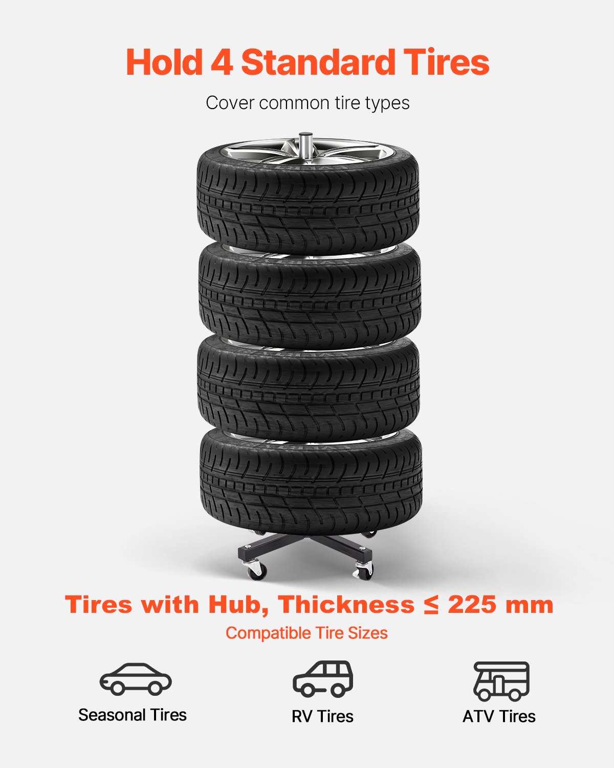 VEVOR Tire Rack with Wheels, Heavy-Duty Steel Tire Tree Stand for 4 Tires with Rims, Space-Saving & Mobile Tyre Holder for Tires up to 225mm Wide, Max 220LBS Load Capacity, Ideal for Garage Workshop