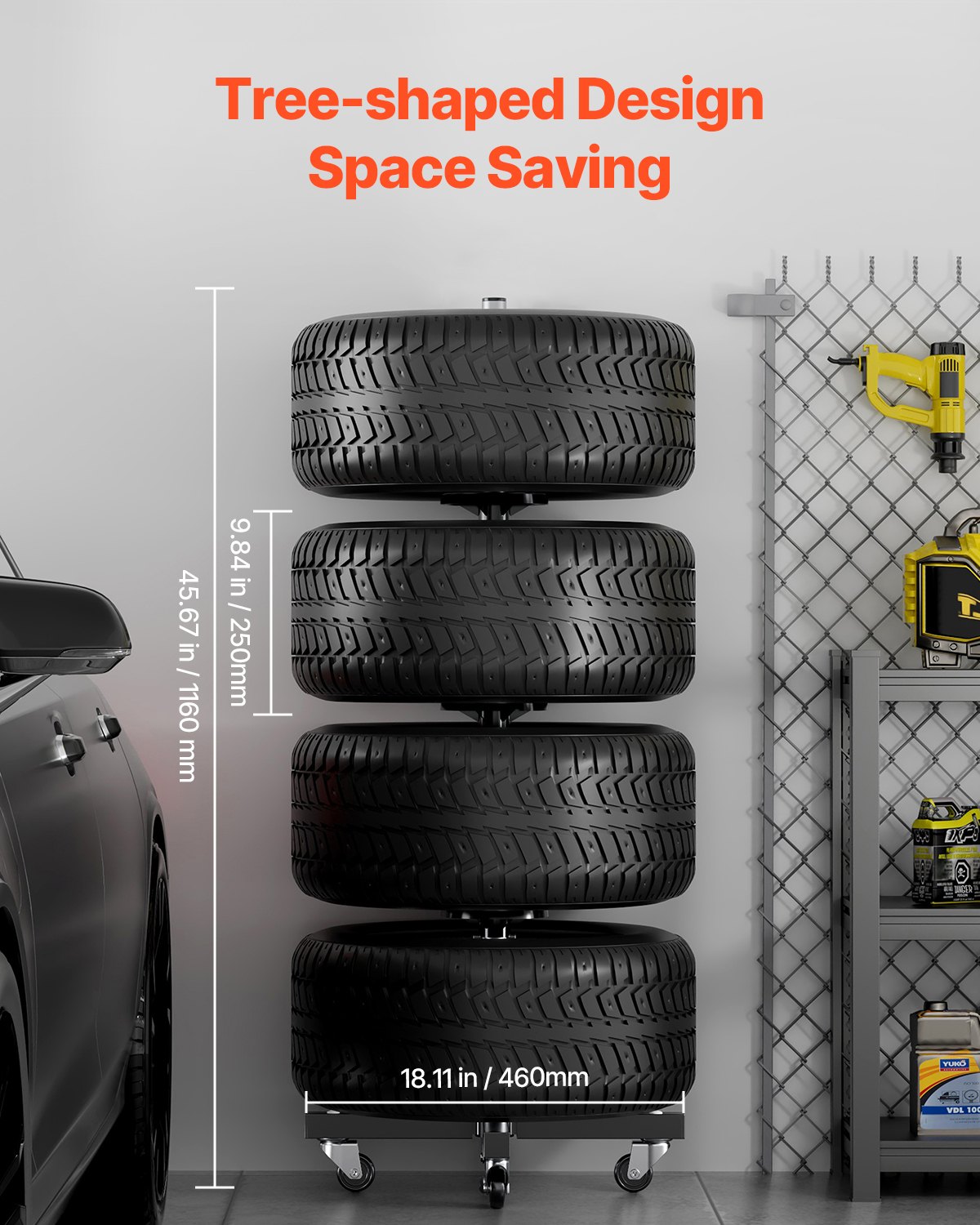 VEVOR Tire Rack with Wheels, Heavy-Duty Steel Tire Tree Stand for 4 Tires with Rims, Space-Saving & Mobile Tyre Holder for Tires up to 225mm Wide, Max 220LBS Load Capacity, Ideal for Garage Workshop