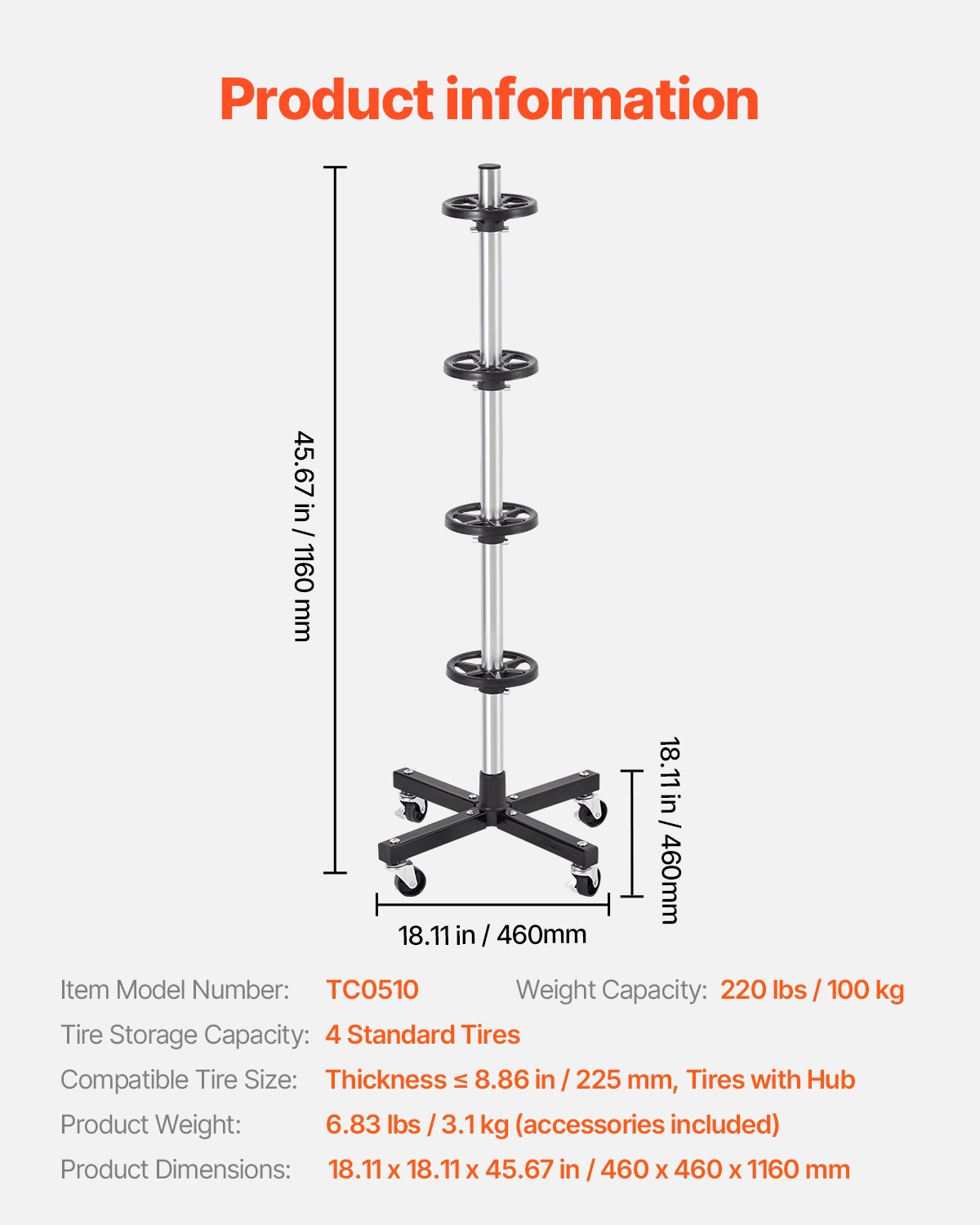 VEVOR Tire Rack with Wheels, Heavy-Duty Steel Tire Tree Stand for 4 Tires with Rims, Space-Saving & Mobile Tyre Holder for Tires up to 225mm Wide, Max 220LBS Load Capacity, Ideal for Garage Workshop