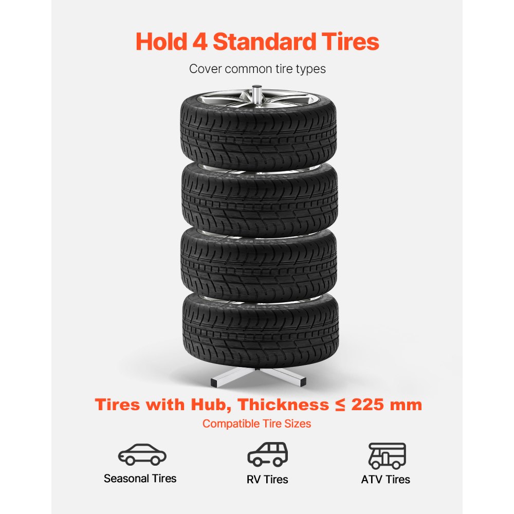 VEVOR Tire Storage Rack, Heavy-Duty Steel Tire Tree Stand for 4 Tires with Rims, Space-Saving Tyre Holder for Tires up to 225mm Wide, Max 220 lbs Load Capacity, Ideal for Garage and Workshop