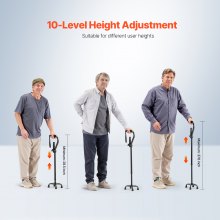 Quad Walking Cane 10-Level Height Adjustable Walking Stick 4-Pronged Stable Base