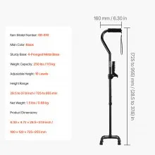 Quad Walking Cane 10-Level Height Adjustable Walking Stick 4-Pronged Stable Base