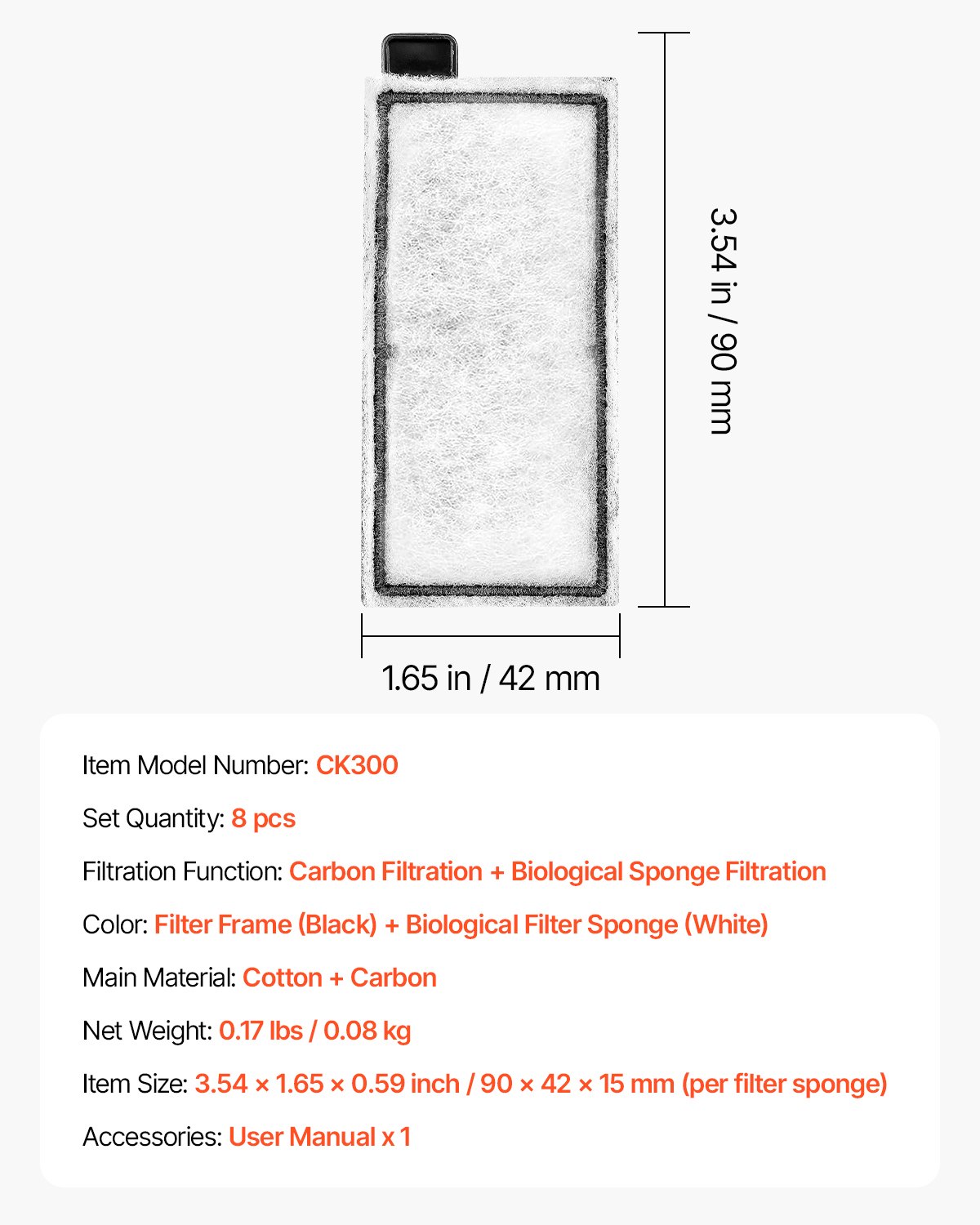 VEVOR Aquarium Filter Cotton, 8 PCS Fish Tank Replacement Filter Cartridges for 5 Gal Glass Aquarium , Fishbowl Accessories with Multi-Layer Filtration Easy Installation, for CL20 Models