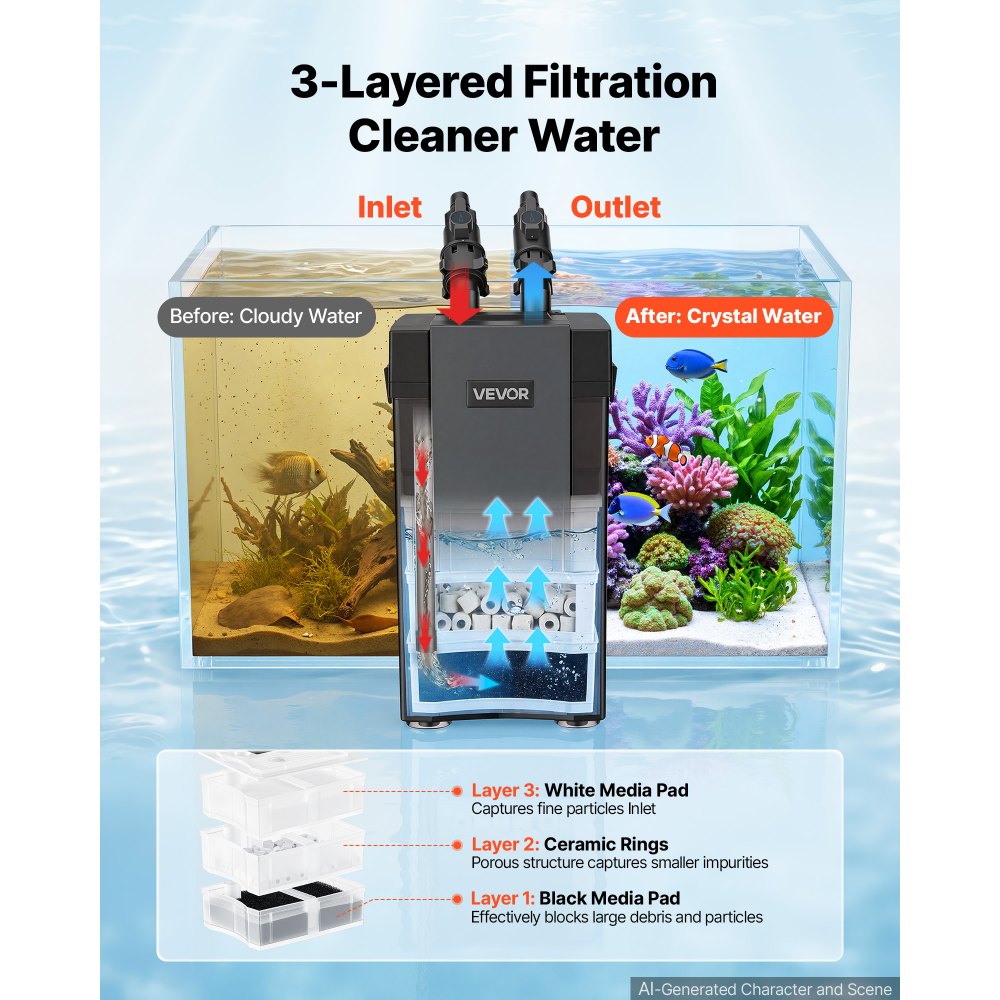 VEVOR Canister Filter 314 GPH 3-Stage External Aquarium Filter Copper Motor, for Fish Tanks, Aquariums, Adjustable Flow, Leak Protection, Powerful Water Circulation Cleaning Machine, Quite Operation