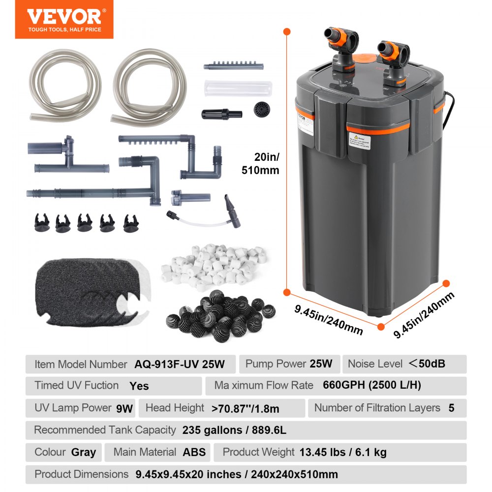 VEVOR 889.6 L Aquarium Canister Filter 25w UV Lamp Fish Tank Quiet