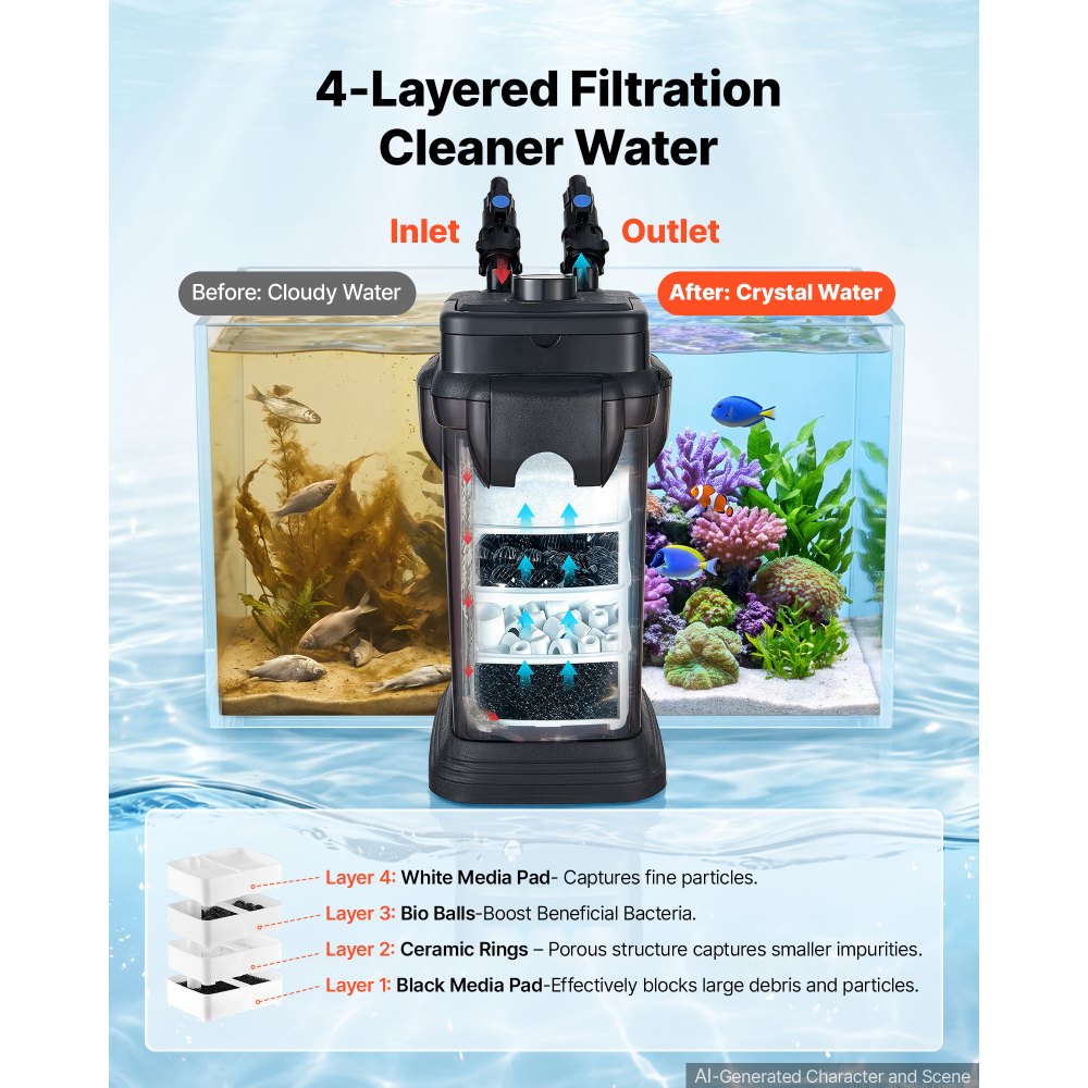 VEVOR Canister Filter 700 GPH 5-Stage External Aquarium Filter Copper Motor, for Fish Tanks, Aquariums, Adjustable Flow, Leak Protection, Powerful Water Circulation Cleaning Machine, Quite Operation