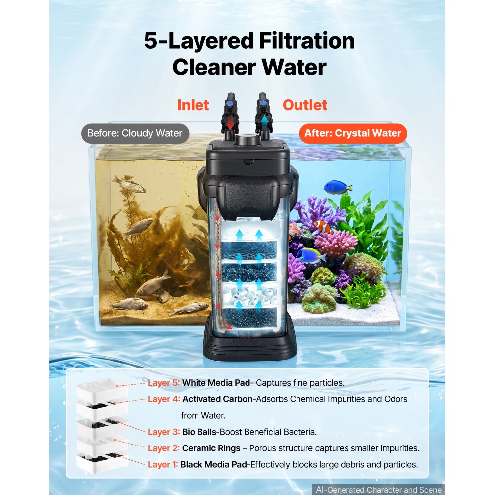 VEVOR Canister Filter 793 GPH 5-Stage External Aquarium Filter Copper Motor, for Fish Tanks, Aquariums, Adjustable Flow, Leak Protection, Powerful Water Circulation Cleaning Machine, Quite Operation
