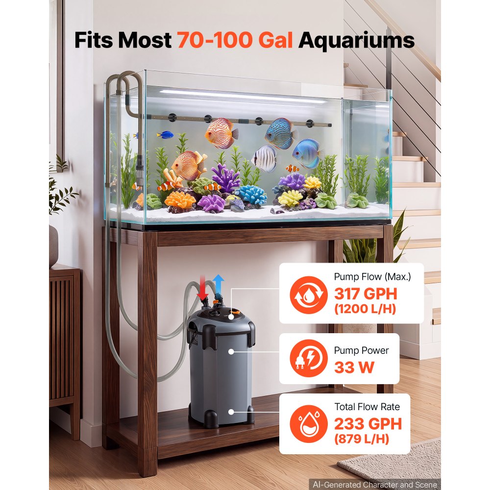 VEVOR Canister Filter 317 GPH 3-Stage External Aquarium Filter Copper Motor, for Fish Tanks, Aquariums, Adjustable Flow, Leak Protection, Powerful Water Circulation Cleaning Machine, Quite Operation