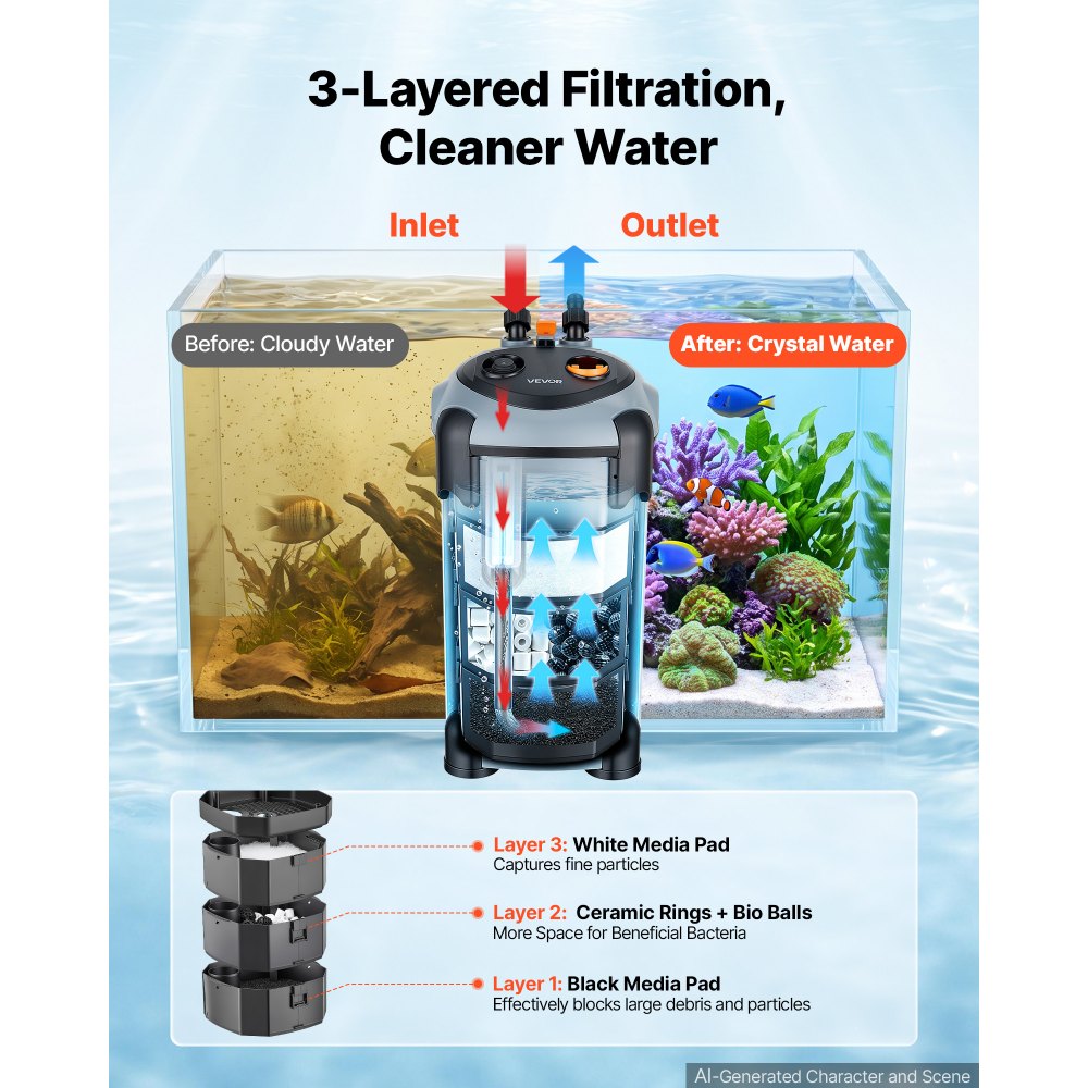 VEVOR Canister Filter 317 GPH 3-Stage External Aquarium Filter Copper Motor, for Fish Tanks, Aquariums, Adjustable Flow, Leak Protection, Powerful Water Circulation Cleaning Machine, Quite Operation