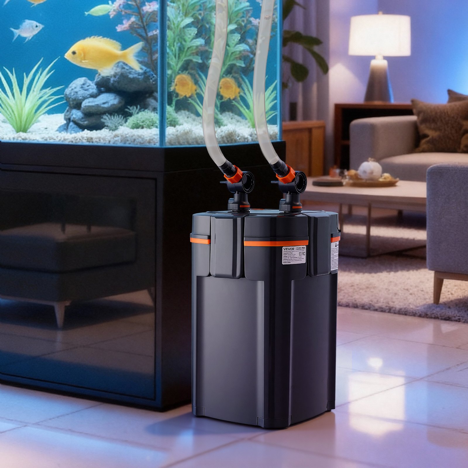 VEVOR 396GPH Canister Filter, 4-Stage External Aquarium Filter with Timed Light, Powerful Pump, Water Circulation Cleaning with Media for Large Fish Tanks & Aquariums Up to 125 Gallons, for Freshwater