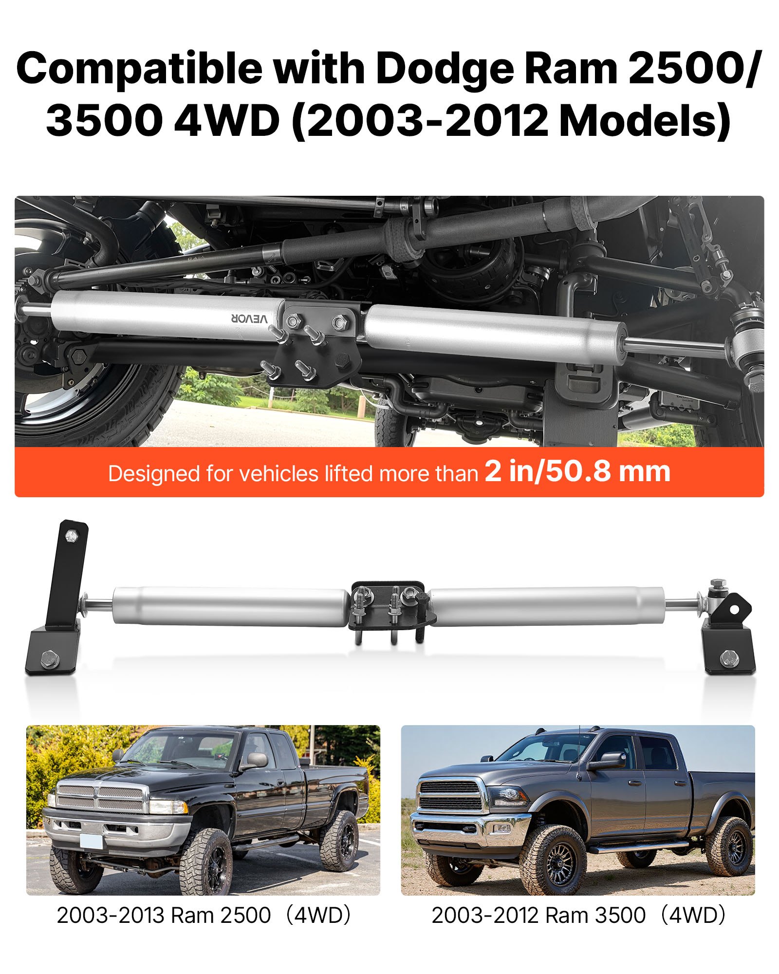 VEVOR Dual Steering Stabilizer, for 2003-2012 Dodge Ram 2500/3500 4WD, Dual Steering Stabilizer Kit Fits with 2 Inches of Suspension Lift or Higher, Enhanced Control & Reduced Vibration, Easy Install