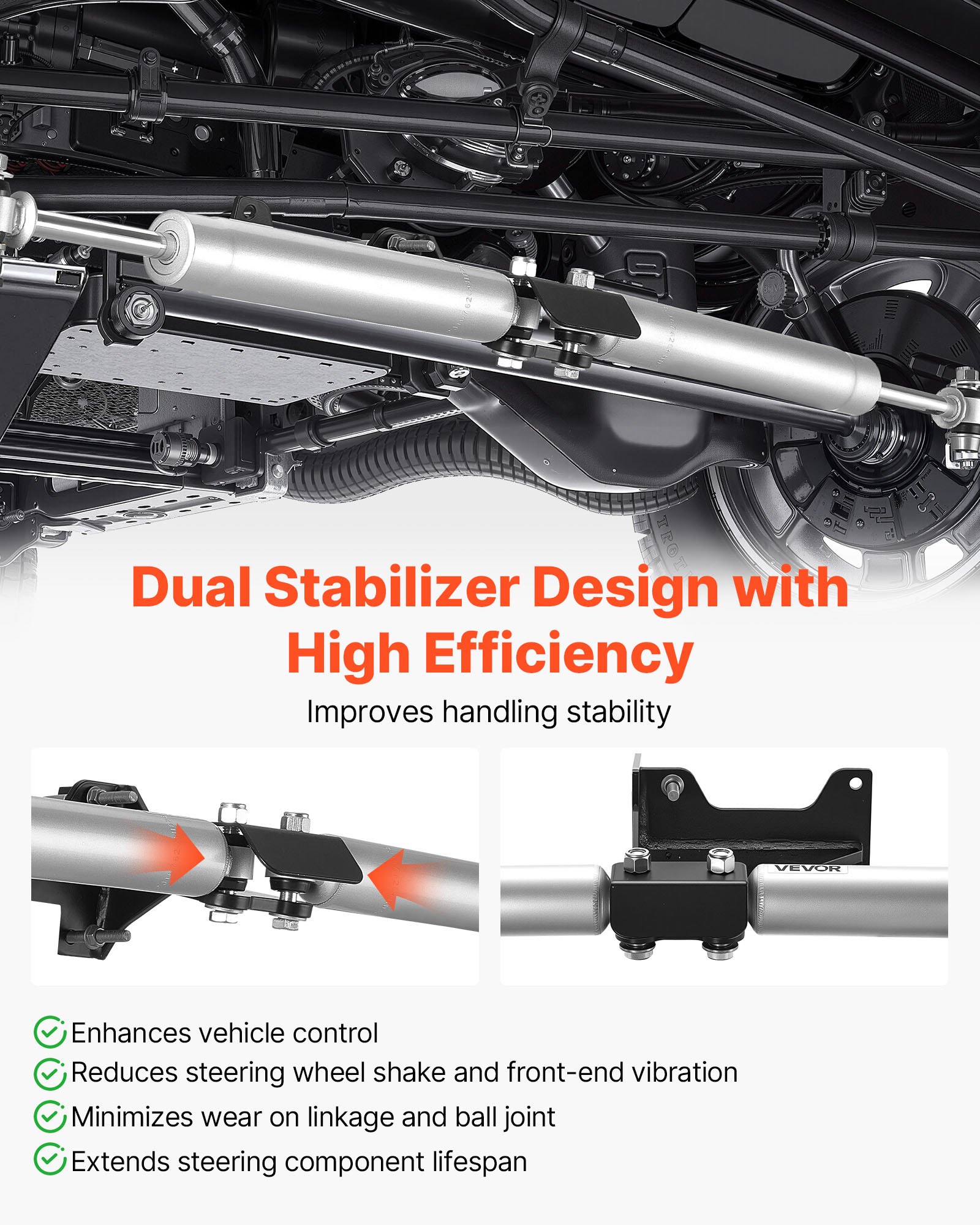 VEVOR Dual Steering Stabilizer, for 2005-2024 Ford F-250/F-350 Super Duty 4WD, Dual Steering Stabilizer Kit Fits with 2 Inches of Suspension Lift or Higher, Enhanced Control and Reduced Vibration