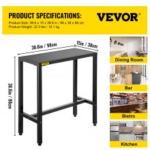 VEVOR Outdoor Bar Table, 38.6\" L x 15\" W x 38.6\" H, Narrow Rectangular Height Pub Tables, Sturdy Metal Frame Tall Table Counter with Adjustable Feet, for Patio, Balcony, Dinning Room, Bistro, Garde