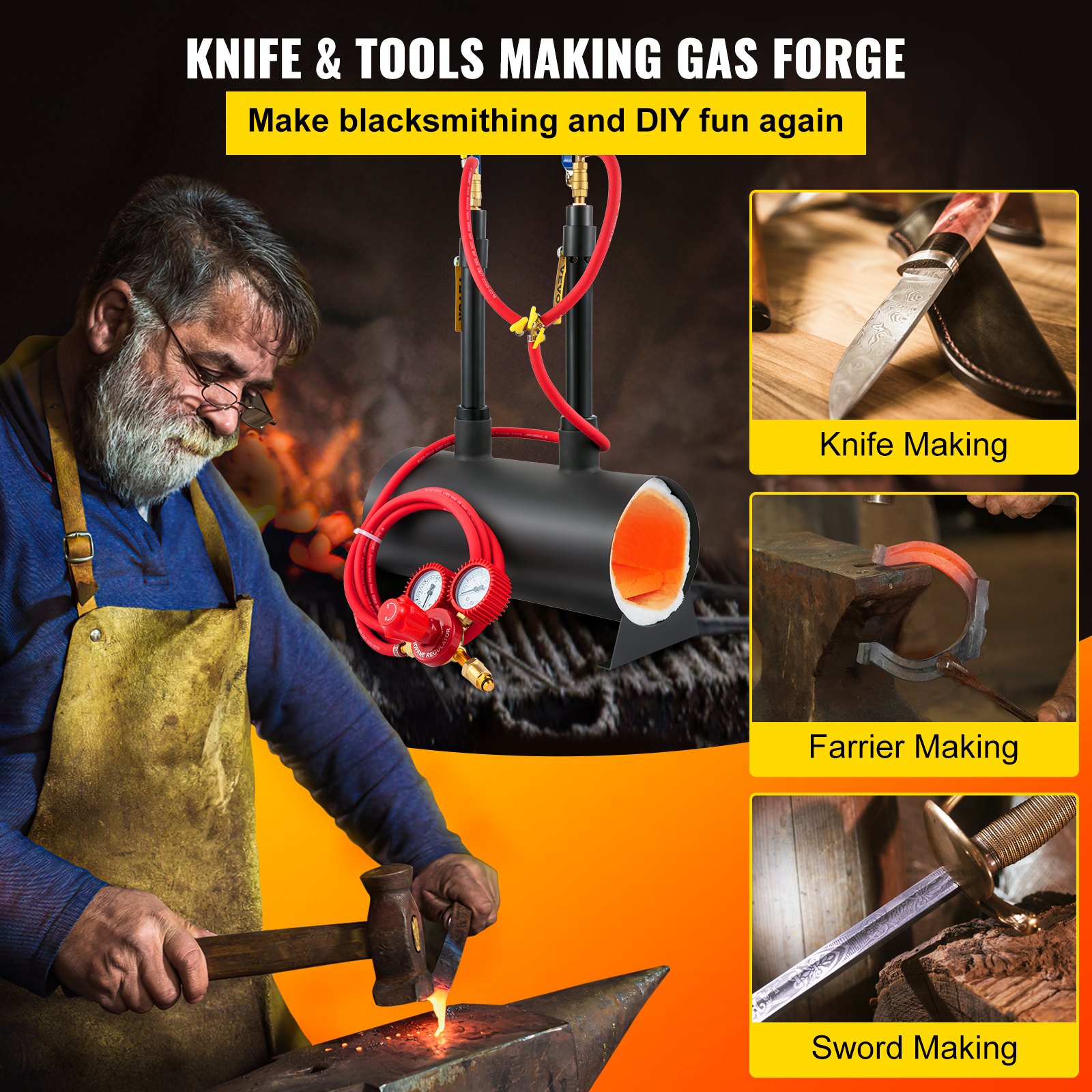 VEVOR Propane Knife Forge, Farrier Furnace with Dual Burners, Portable Oval Metal Forge with an Open Structure, Large Capacity, for Blacksmithing, Knife Making, Forging Tools and Equipment
