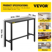 VEVOR Outdoor Bar Table, 46.5\" L x 15\" W x 38.6\" H, Narrow Rectangular Height Pub Station, Sturdy Metal Frame Tall Counter with Adjustable Feet, for Patio, Balcony, Dinning Room, Bistro, Garden, Bl