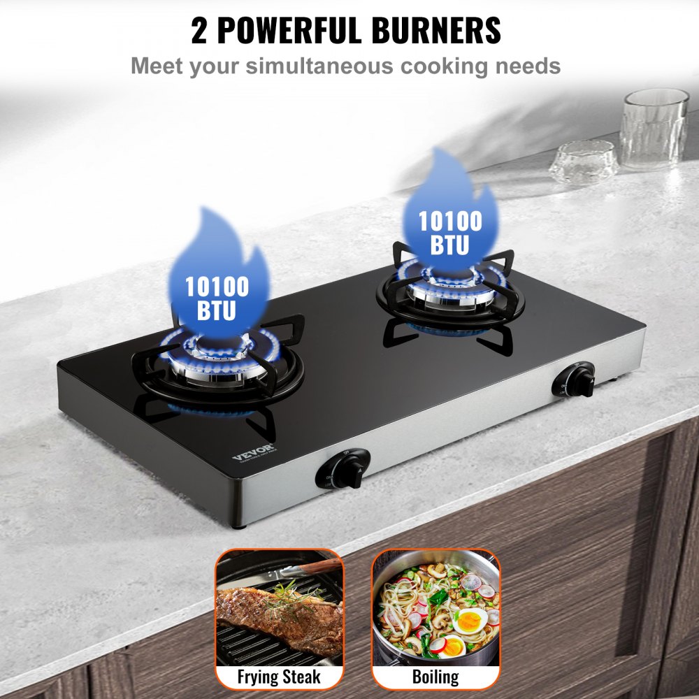 VEVOR 28-inch Gas Cooktop, 2 Burners Gas Stove Top, Max 10100BTU Tempered Glass Countertop Natural Gas Hob, with Pulse Electronic Ignition for Camping, RV, Outdoor Kitchen, Small Apartment
