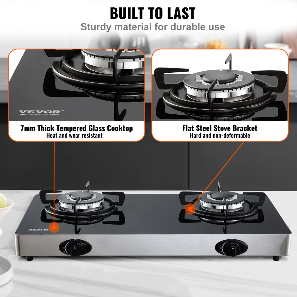 VEVOR 28-inch Gas Cooktop, 2 Burners Gas Stove Top, Max 10100BTU Tempered Glass Countertop Natural Gas Hob, with Pulse Electronic Ignition for Camping, RV, Outdoor Kitchen, Small Apartment