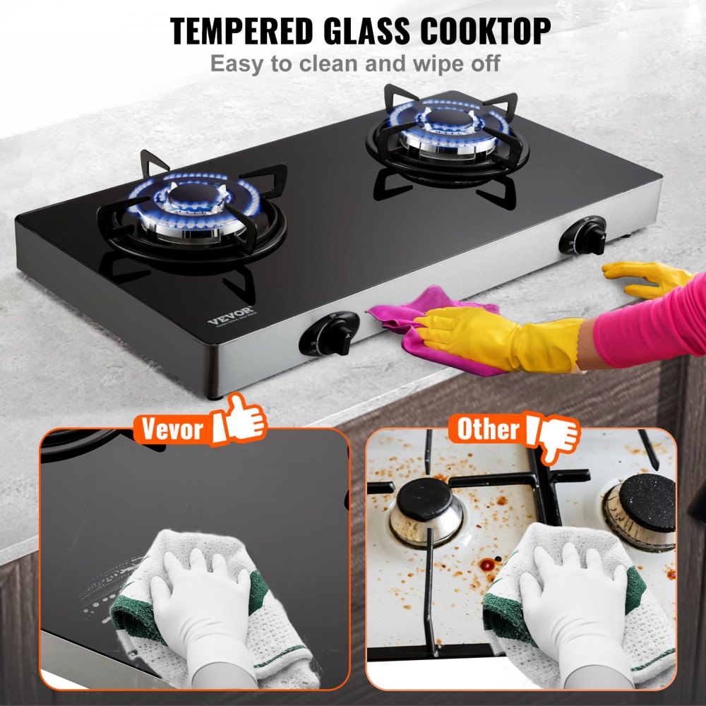 VEVOR 28-inch Gas Cooktop, 2 Burners Gas Stove Top, Max 10100BTU Tempered Glass Countertop Natural Gas Hob, with Pulse Electronic Ignition for Camping, RV, Outdoor Kitchen, Small Apartment