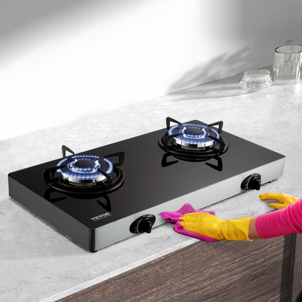 VEVOR 28-inch Gas Cooktop, 2 Burners Gas Stove Top, Max 10100BTU Tempered Glass Countertop Natural Gas Hob, with Pulse Electronic Ignition for Camping, RV, Outdoor Kitchen, Small Apartment